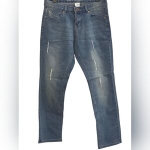 Rhinestone Back Pocket Faded Blue Straight Leg Denim Subtle Distressing